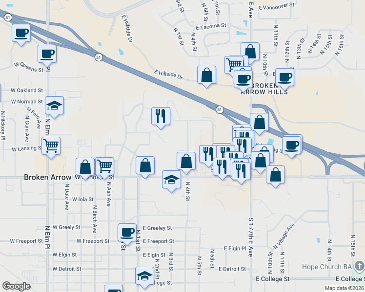 map of restaurants, bars, coffee shops, grocery stores, and more near 1100 North 4th Street in Broken Arrow