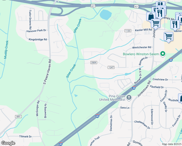 map of restaurants, bars, coffee shops, grocery stores, and more near 4740 Chippendale Way in Winston-Salem