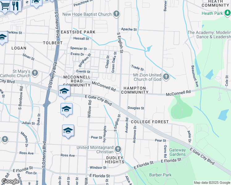 map of restaurants, bars, coffee shops, grocery stores, and more near 2142 McConnell Road in Greensboro