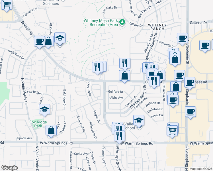 map of restaurants, bars, coffee shops, grocery stores, and more near 535 Sheffield Drive in Henderson