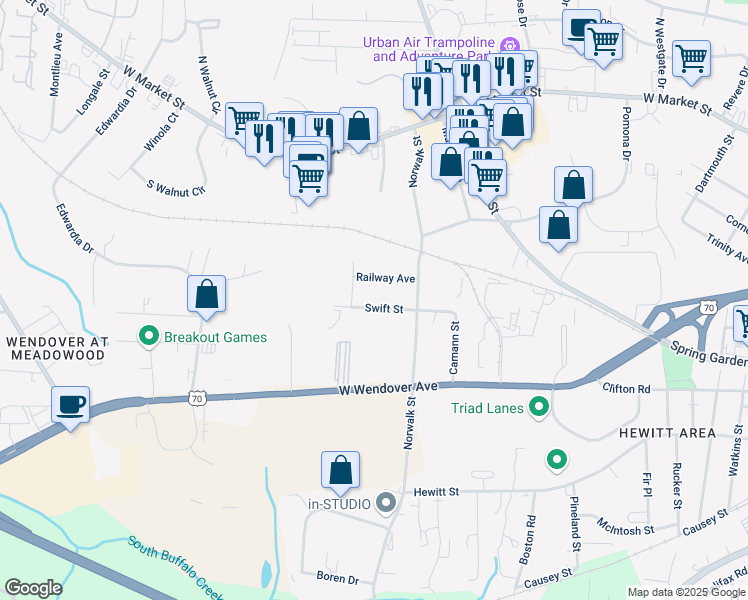 map of restaurants, bars, coffee shops, grocery stores, and more near 4500 Swift Street in Greensboro