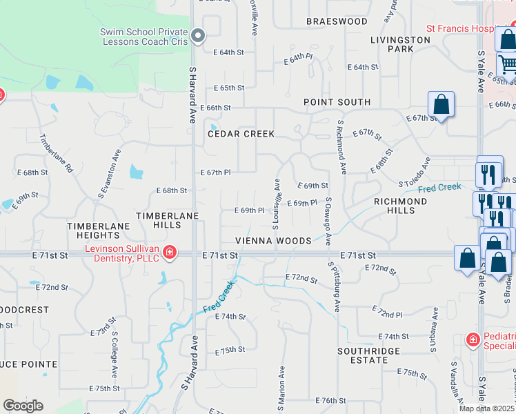 map of restaurants, bars, coffee shops, grocery stores, and more near 3646 East 69th Place in Tulsa