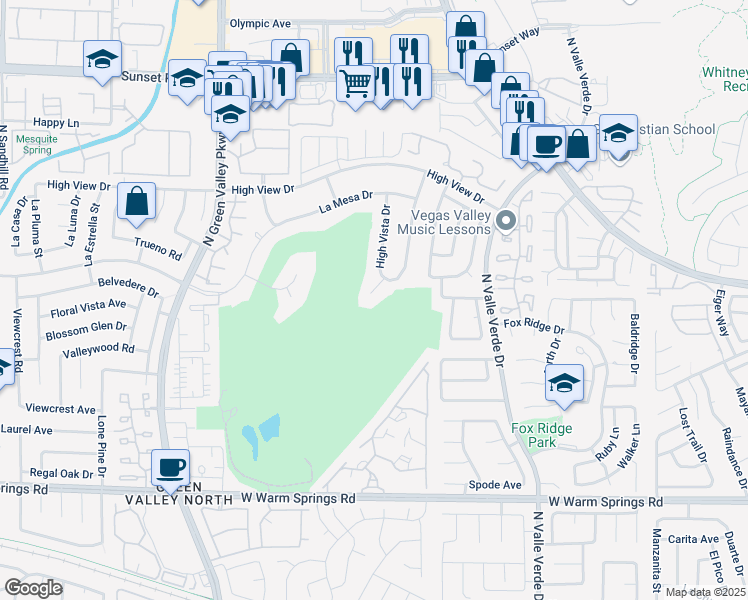 map of restaurants, bars, coffee shops, grocery stores, and more near 2440 High Vista Circle in Henderson