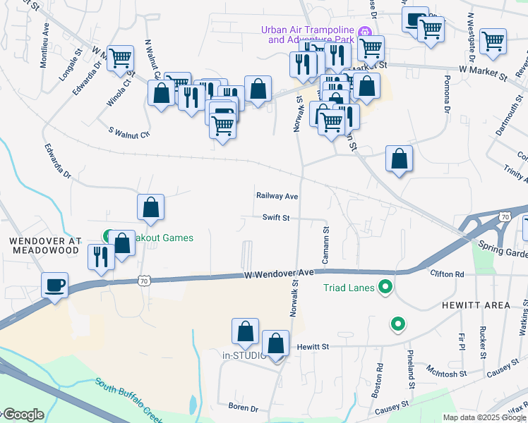 map of restaurants, bars, coffee shops, grocery stores, and more near 4514 Swift Street in Greensboro