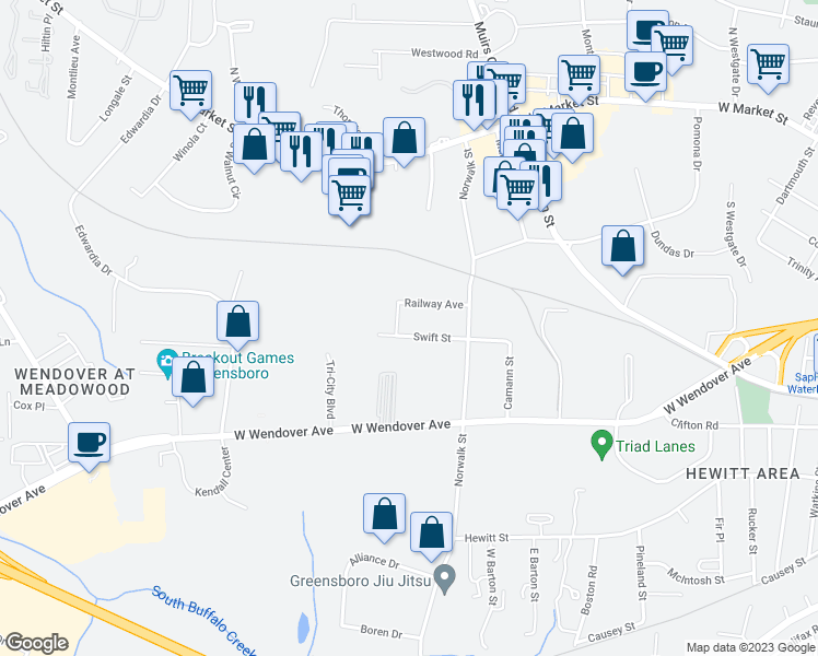 map of restaurants, bars, coffee shops, grocery stores, and more near 4514 Swift Street in Greensboro