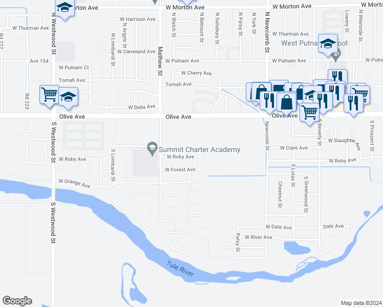 map of restaurants, bars, coffee shops, grocery stores, and more near 1892 West Roby Avenue in Porterville