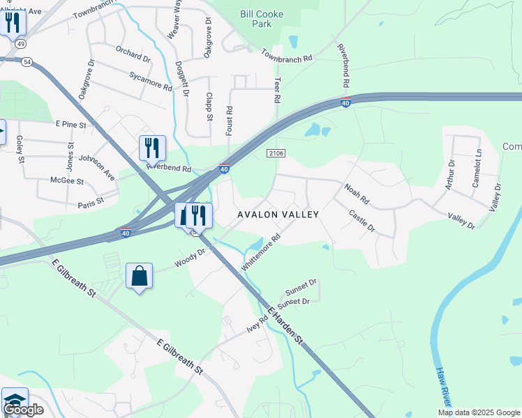 map of restaurants, bars, coffee shops, grocery stores, and more near 919 Woody Drive in Graham