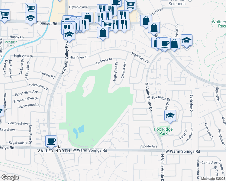 map of restaurants, bars, coffee shops, grocery stores, and more near 2440 High Vista Circle in Henderson