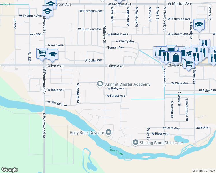 map of restaurants, bars, coffee shops, grocery stores, and more near 1956 West Roby Avenue in Porterville