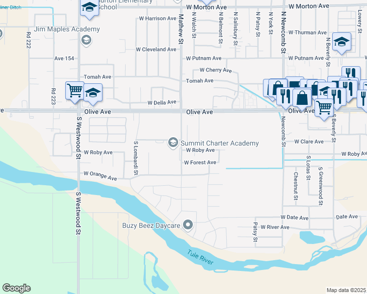 map of restaurants, bars, coffee shops, grocery stores, and more near 1956 West Roby Avenue in Porterville
