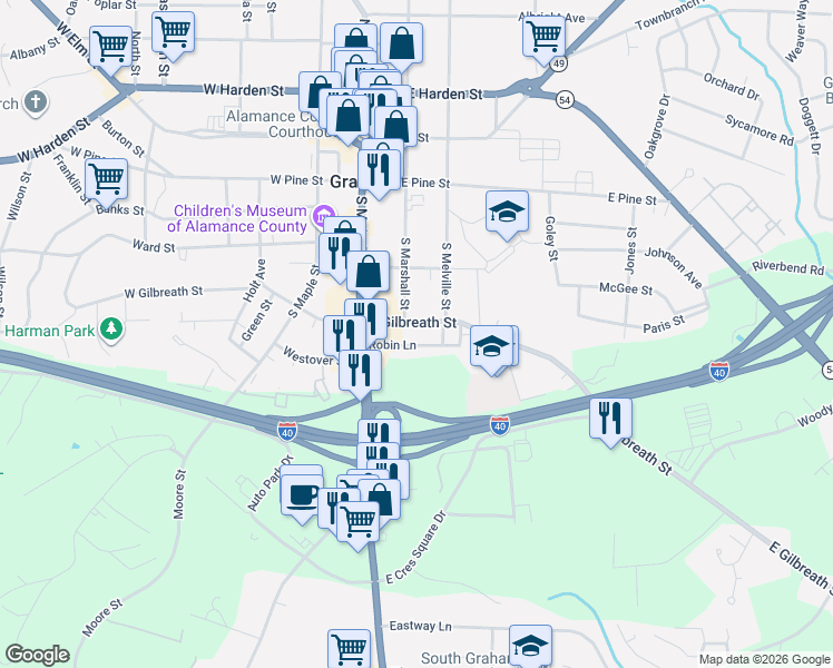 map of restaurants, bars, coffee shops, grocery stores, and more near 205 East Gilbreath Street in Graham