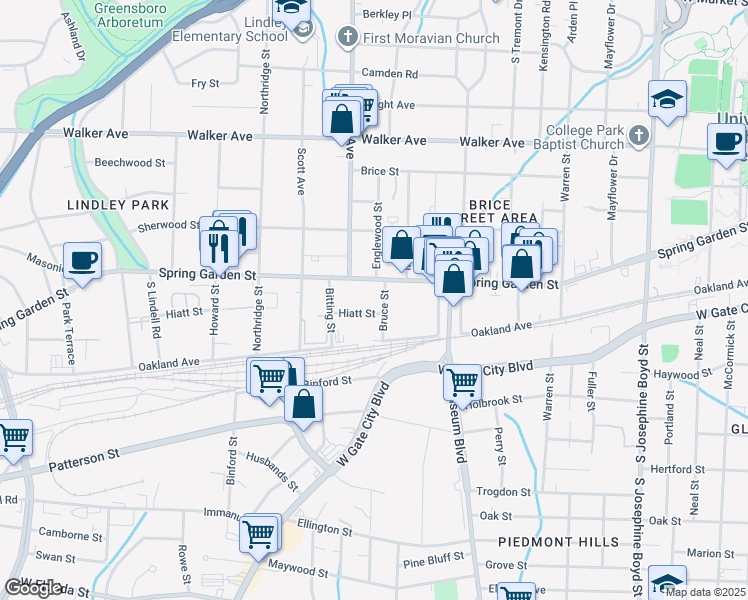 map of restaurants, bars, coffee shops, grocery stores, and more near 2100 Hiatt Street in Greensboro