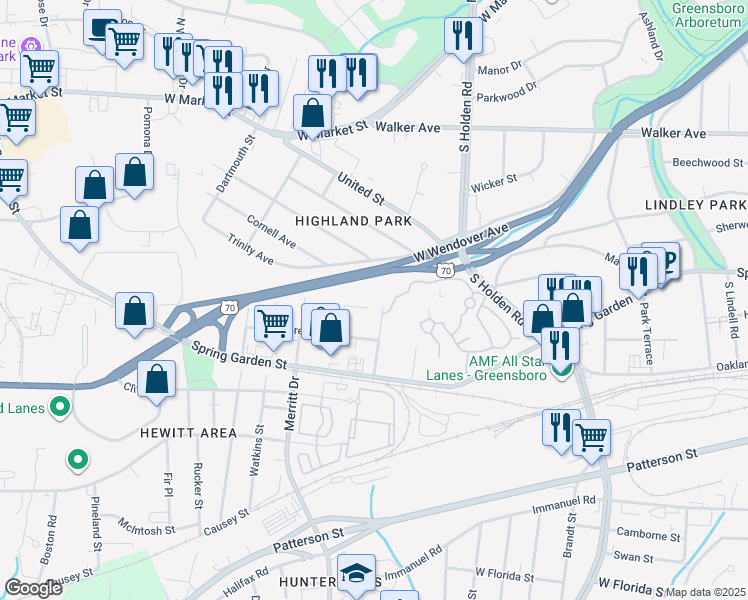 map of restaurants, bars, coffee shops, grocery stores, and more near 3511 Clymer Street in Greensboro
