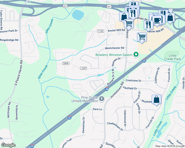 map of restaurants, bars, coffee shops, grocery stores, and more near 882 Silver Leaf Drive in Winston-Salem