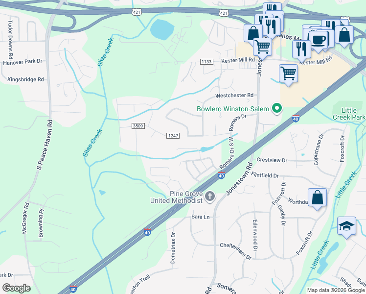 map of restaurants, bars, coffee shops, grocery stores, and more near 4924 Stonington Road Southwest in Winston-Salem