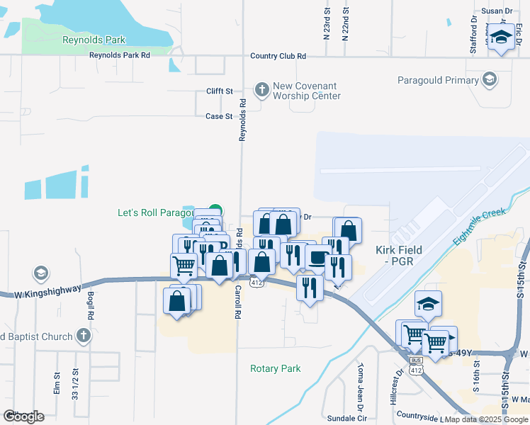 map of restaurants, bars, coffee shops, grocery stores, and more near 2415 West Kingshighway in Paragould