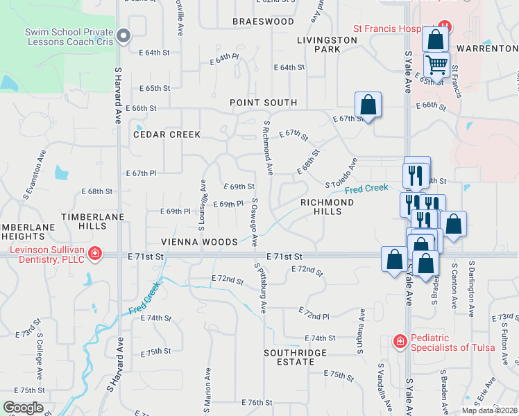 map of restaurants, bars, coffee shops, grocery stores, and more near 6941 South Oswego Avenue in Tulsa