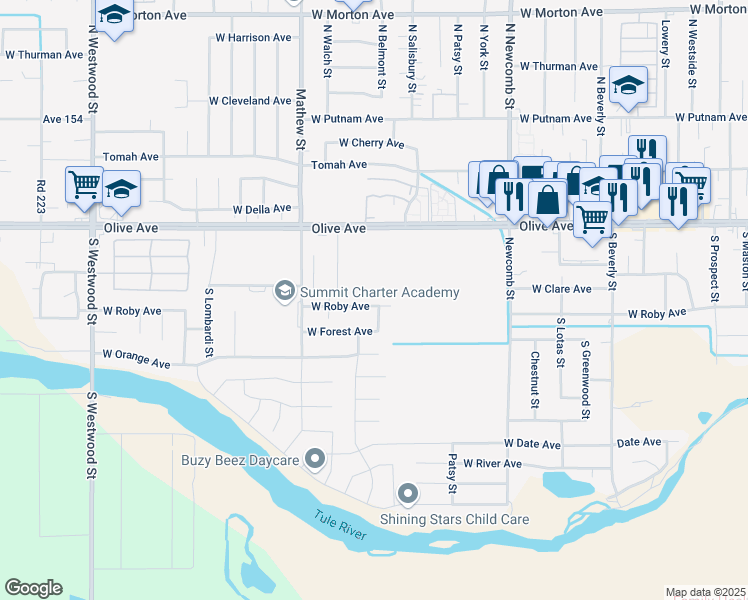 map of restaurants, bars, coffee shops, grocery stores, and more near 1876 West Roby Avenue in Porterville