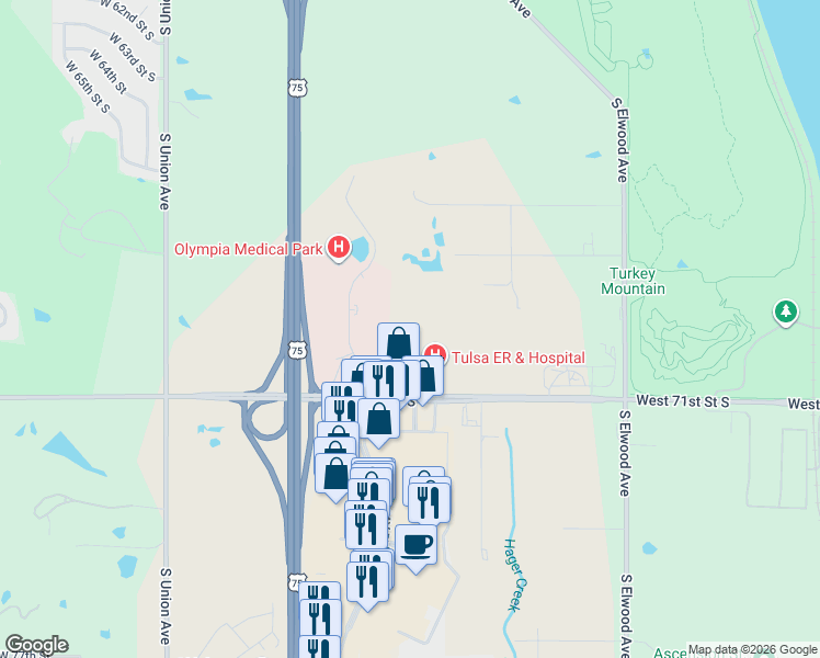 map of restaurants, bars, coffee shops, grocery stores, and more near 737 West 71st Street South in Tulsa