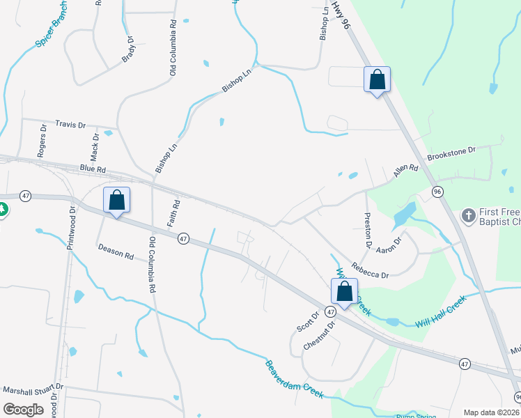 map of restaurants, bars, coffee shops, grocery stores, and more near 843 Blue Road in Dickson