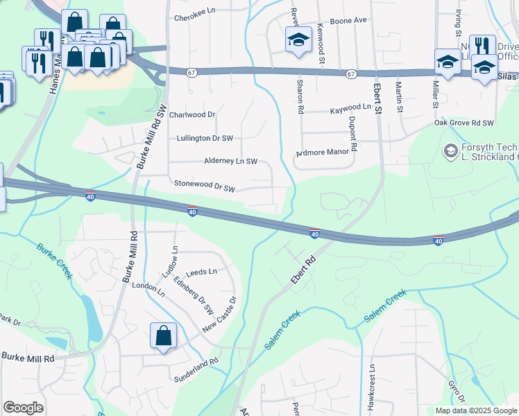 map of restaurants, bars, coffee shops, grocery stores, and more near 1755 Sandersted Village Circle in Winston-Salem