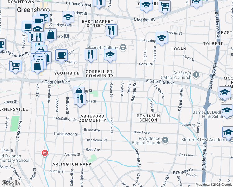 map of restaurants, bars, coffee shops, grocery stores, and more near 807 Macon Street in Greensboro