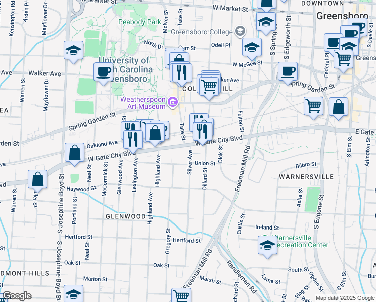 map of restaurants, bars, coffee shops, grocery stores, and more near in Greensboro