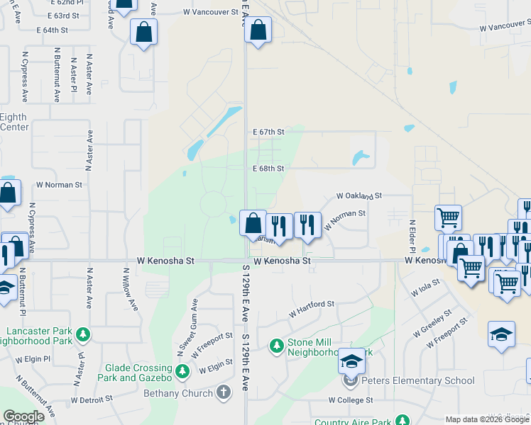 map of restaurants, bars, coffee shops, grocery stores, and more near 3409 West Norman Street in Broken Arrow