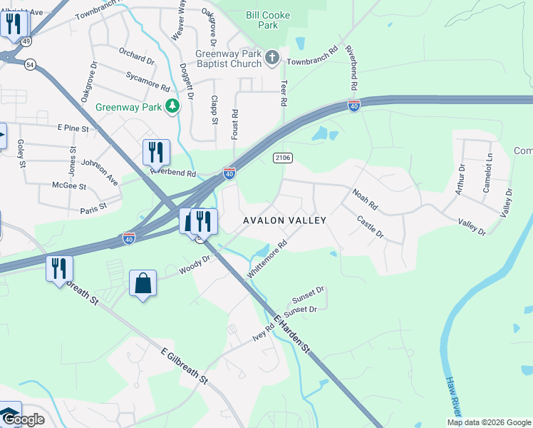 map of restaurants, bars, coffee shops, grocery stores, and more near 2310 Vantage Point in Graham