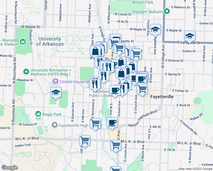 map of restaurants, bars, coffee shops, grocery stores, and more near 9 North West Avenue in Fayetteville