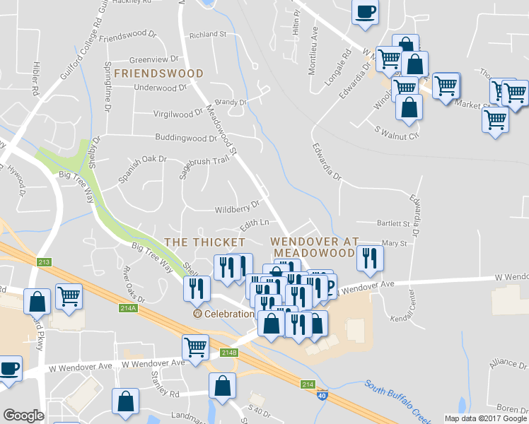 map of restaurants, bars, coffee shops, grocery stores, and more near 810 Meadowood Street in Greensboro