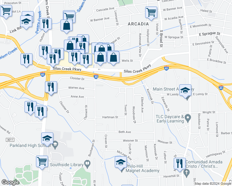map of restaurants, bars, coffee shops, grocery stores, and more near 115 Cloister Oaks Circle in Winston-Salem