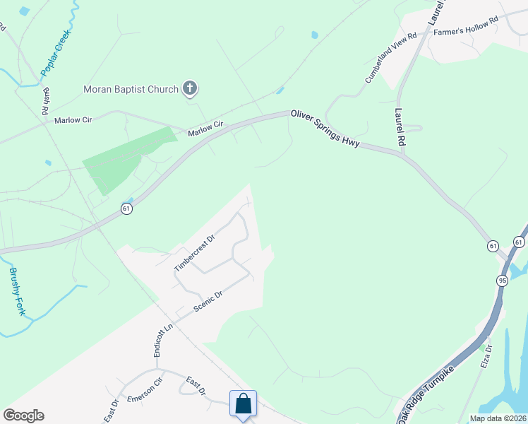 map of restaurants, bars, coffee shops, grocery stores, and more near 91 Timbercrest Drive in Oak Ridge