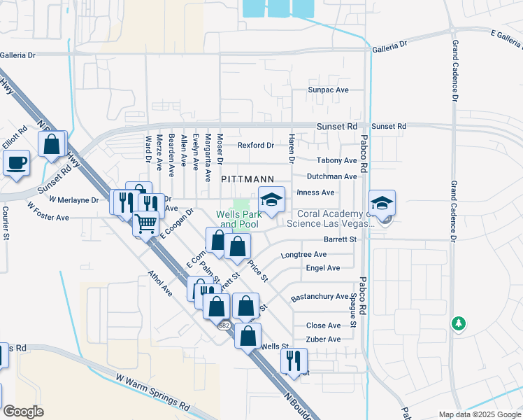 map of restaurants, bars, coffee shops, grocery stores, and more near 450 East Merlayne Drive in Henderson