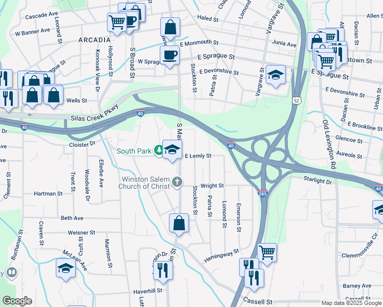 map of restaurants, bars, coffee shops, grocery stores, and more near 2644 Stockton Street in Winston-Salem