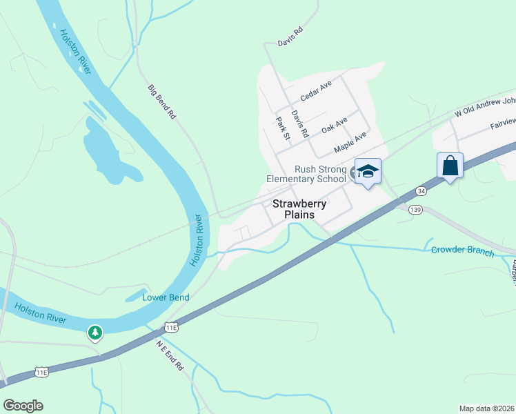 map of restaurants, bars, coffee shops, grocery stores, and more near 131 Big Bend Road in Strawberry Plains