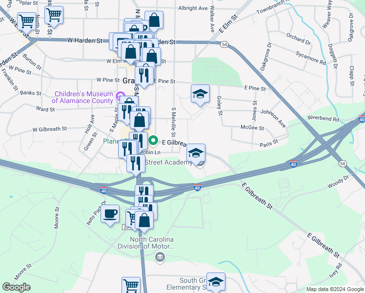 map of restaurants, bars, coffee shops, grocery stores, and more near 315 East Gilbreath Street in Graham