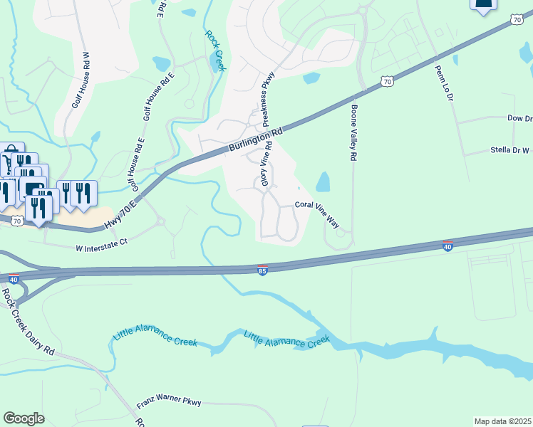 map of restaurants, bars, coffee shops, grocery stores, and more near 1119 Oak Blossom Way in Whitsett