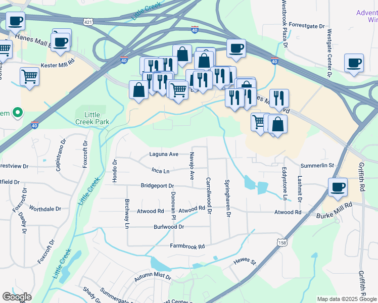 map of restaurants, bars, coffee shops, grocery stores, and more near 2868 Navajo Avenue in Winston-Salem