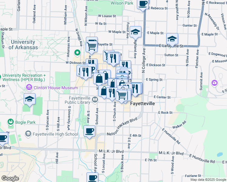 map of restaurants, bars, coffee shops, grocery stores, and more near 15 North Church Avenue in Fayetteville