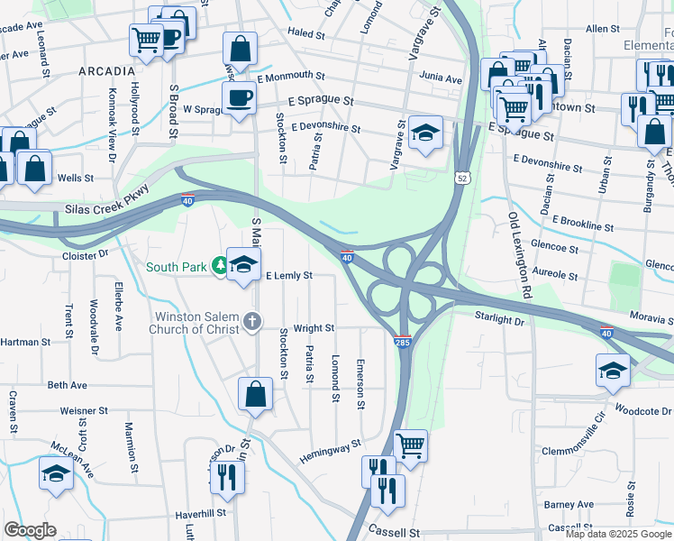 map of restaurants, bars, coffee shops, grocery stores, and more near 389 East Lemly Street in Winston-Salem