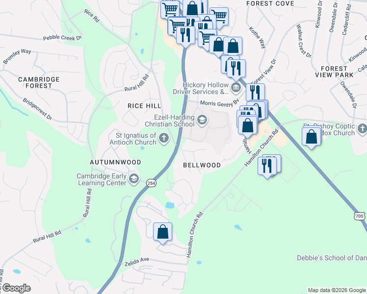 map of restaurants, bars, coffee shops, grocery stores, and more near 5300 Bell Crest Drive in Nashville