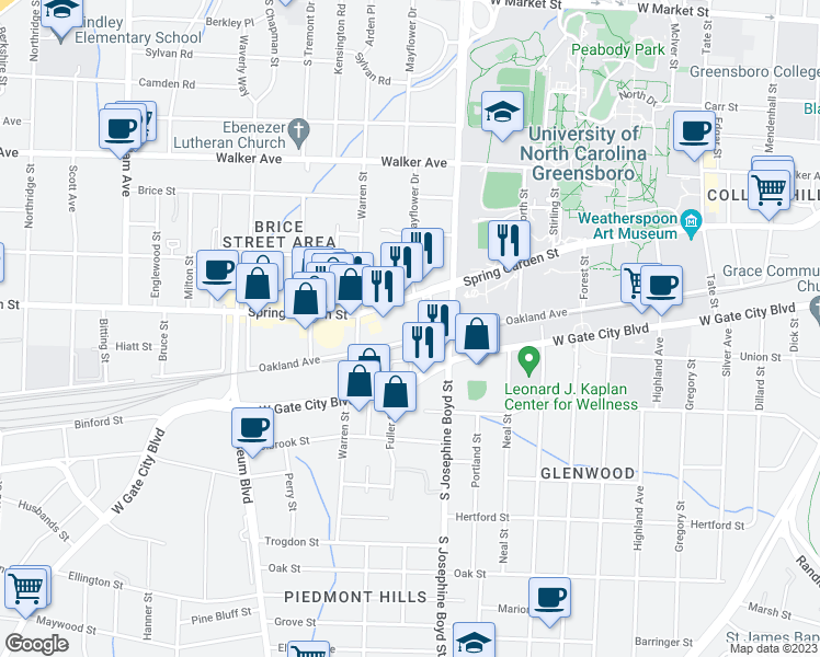 map of restaurants, bars, coffee shops, grocery stores, and more near 1201 Oakland Avenue in Greensboro