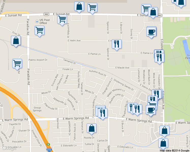 map of restaurants, bars, coffee shops, grocery stores, and more near 1701 Garden Path Court in Las Vegas