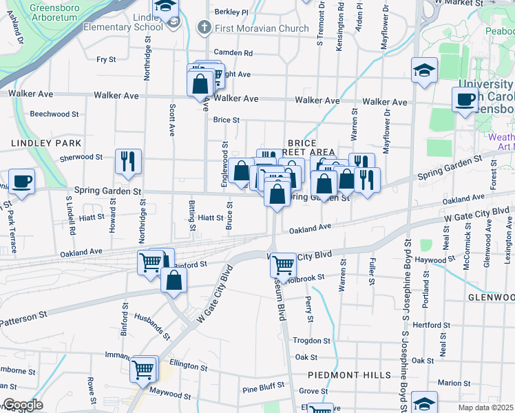 map of restaurants, bars, coffee shops, grocery stores, and more near 1923 Spring Garden Street in Greensboro