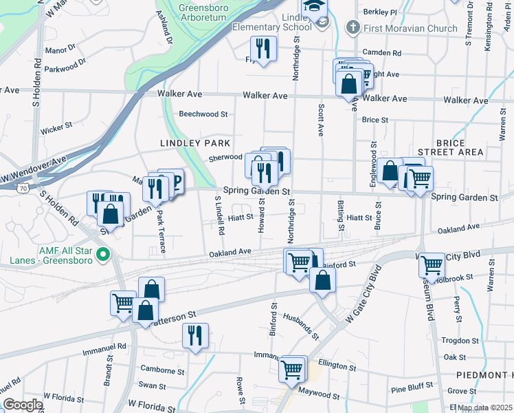 map of restaurants, bars, coffee shops, grocery stores, and more near 2510 Hiatt Street in Greensboro