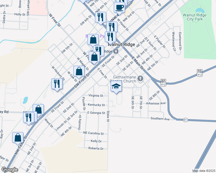 map of restaurants, bars, coffee shops, grocery stores, and more near 334 Alabama Street in Walnut Ridge