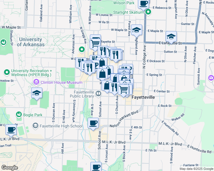 map of restaurants, bars, coffee shops, grocery stores, and more near 20 North School Avenue in Fayetteville