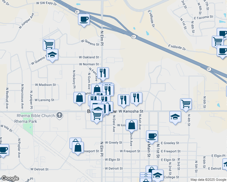 map of restaurants, bars, coffee shops, grocery stores, and more near 517 West Lansing Street in Broken Arrow