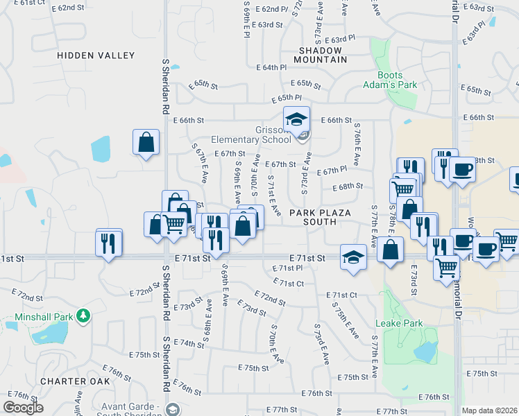map of restaurants, bars, coffee shops, grocery stores, and more near 6768 South 71st East Avenue in Tulsa
